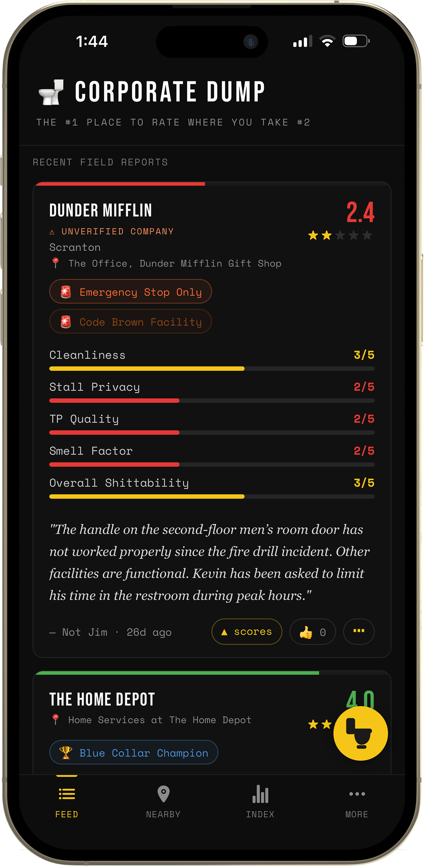 Field report feed in dark mode — a Dunder Mifflin report scored 2.4, with ratings for cleanliness, stall privacy, TP quality, smell factor, and overall shittability