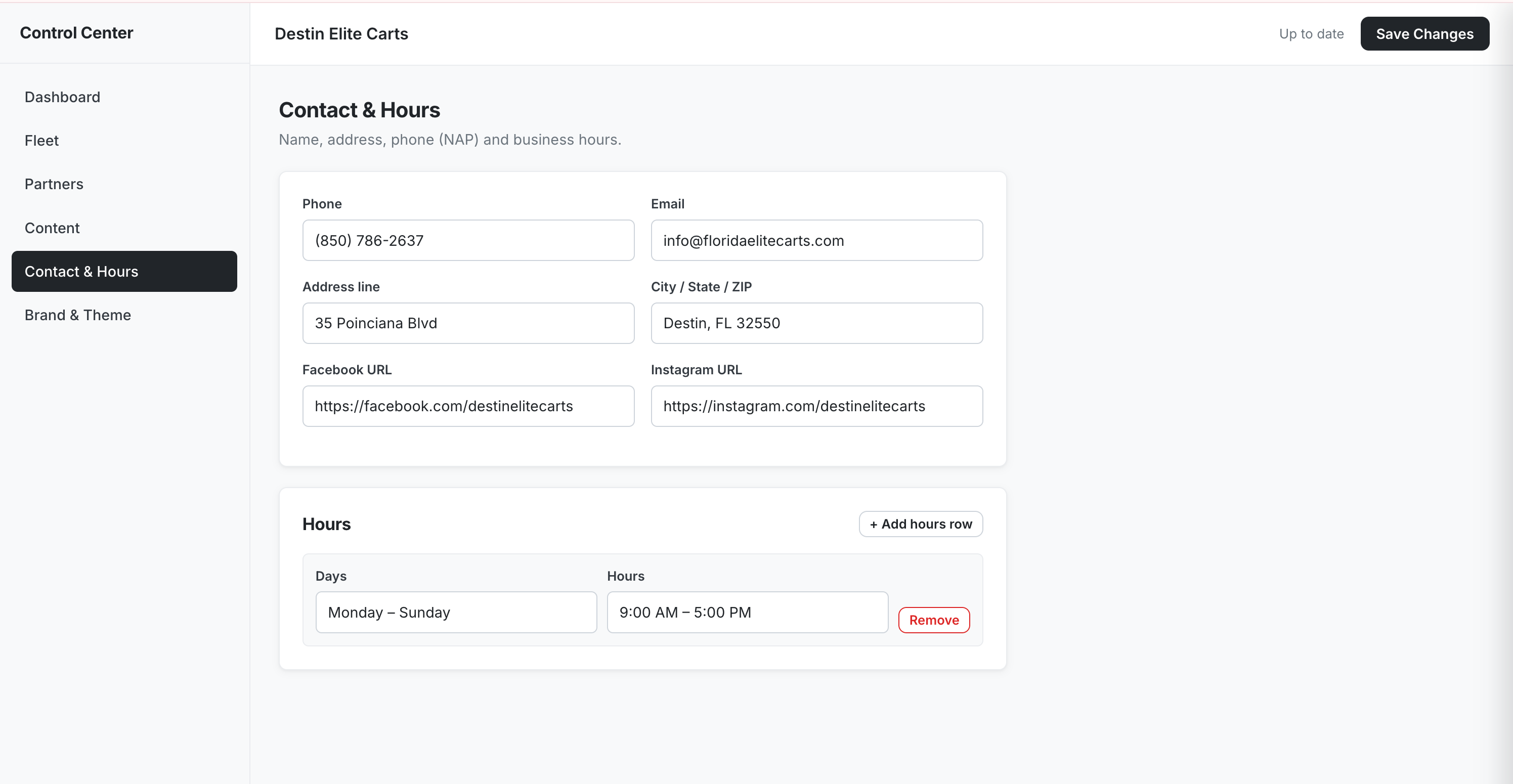 Contact and Hours panel — phone, email, address, and social URL fields above an editable hours table