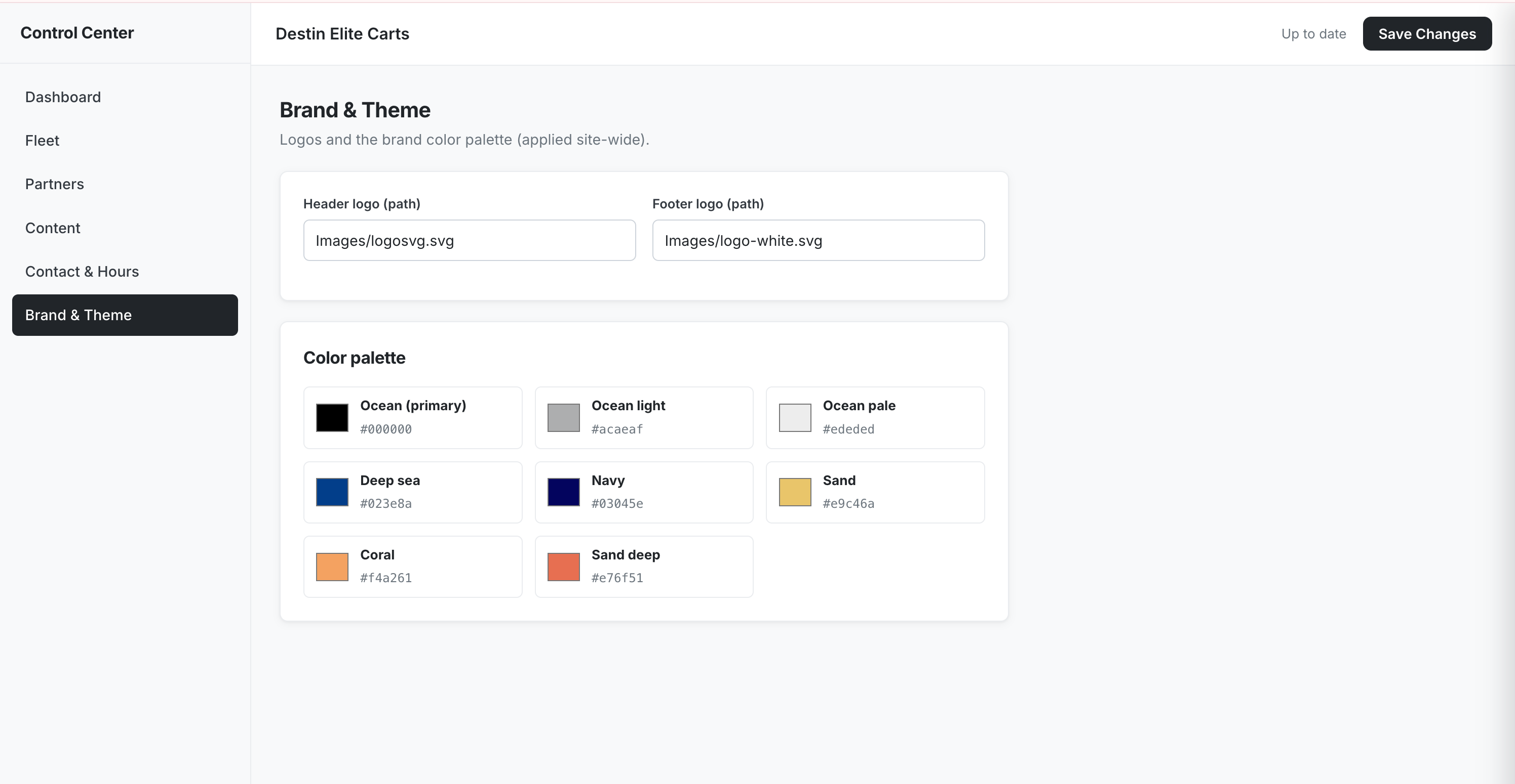 Brand and Theme panel — header and footer logo path fields above the site color palette as labeled swatches