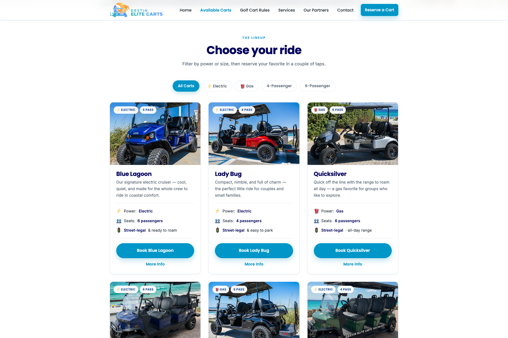Available Carts page — filter chips for power type and passenger count above a grid of cart cards including Blue Lagoon, Lady Bug, and Quicksilver