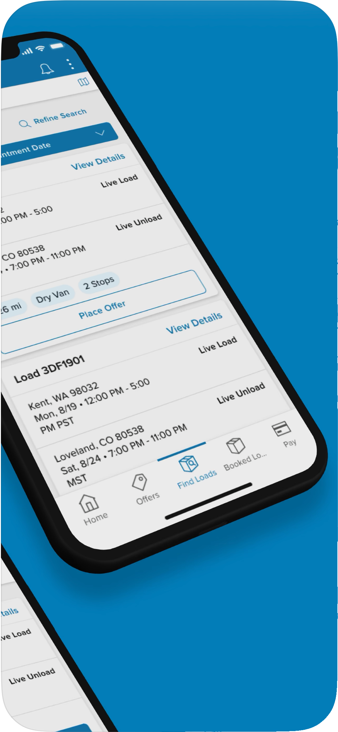 Load board detail — load cards showing Live Load and Live Unload windows, stop count, equipment type, and a Place Offer action above the tab bar