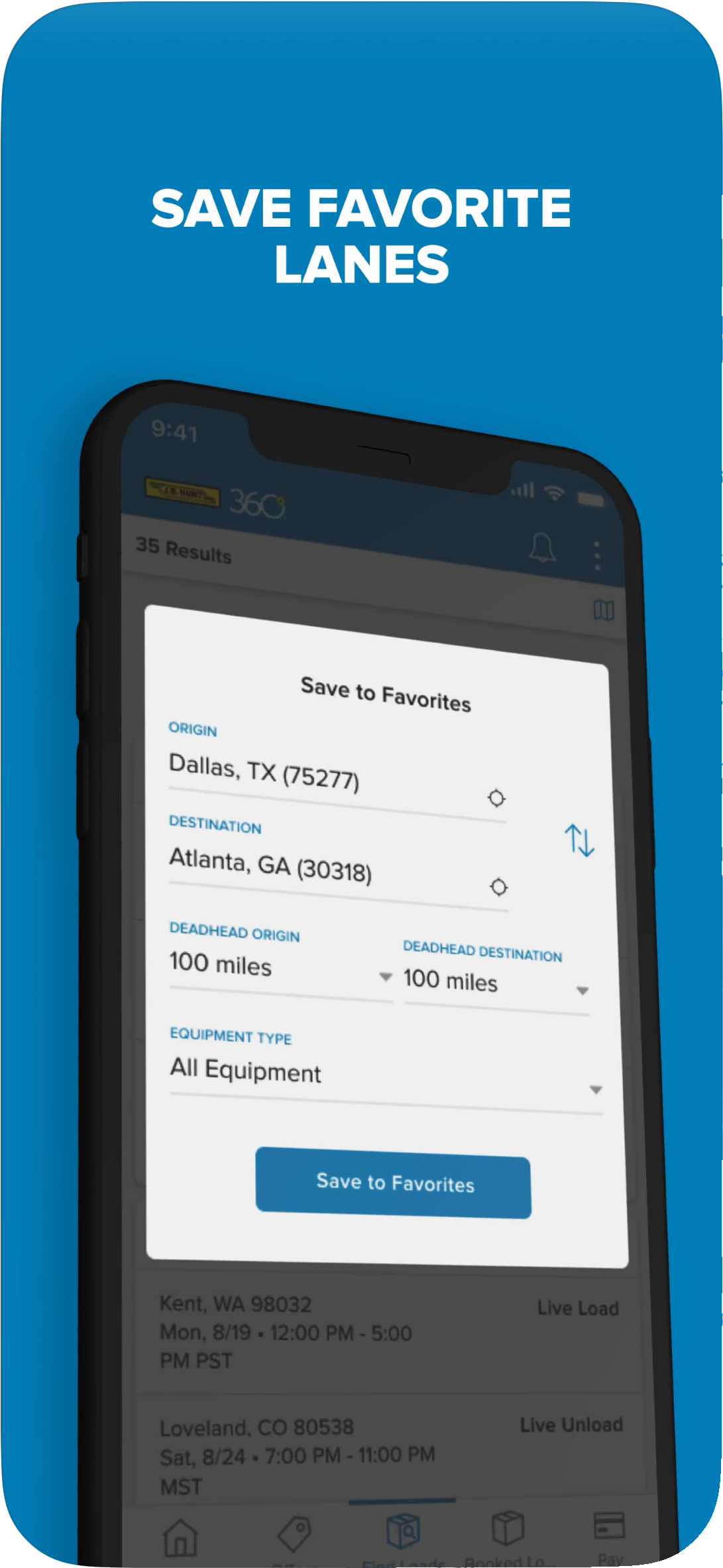 Carrier 360 "Save favorite lanes" — the Save to Favorites dialog with origin, destination, deadhead radius, and equipment type fields